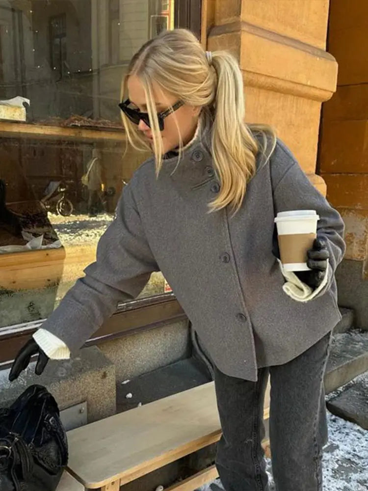 Chic Stand Collar Women Short Woolen Coat Solid Zipper Single Breasted Pocket Jacket 2026 Spring Autumn Lady Outwear High Street