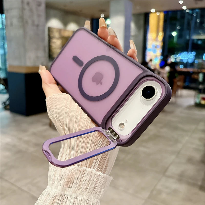 Metal Lens Stand Magnetic Phone Case For Magsafe Wireless iPhone 17 Air 16E 16 15 14 13 12 Mini 11 Pro Max Plus Shockproof Cover