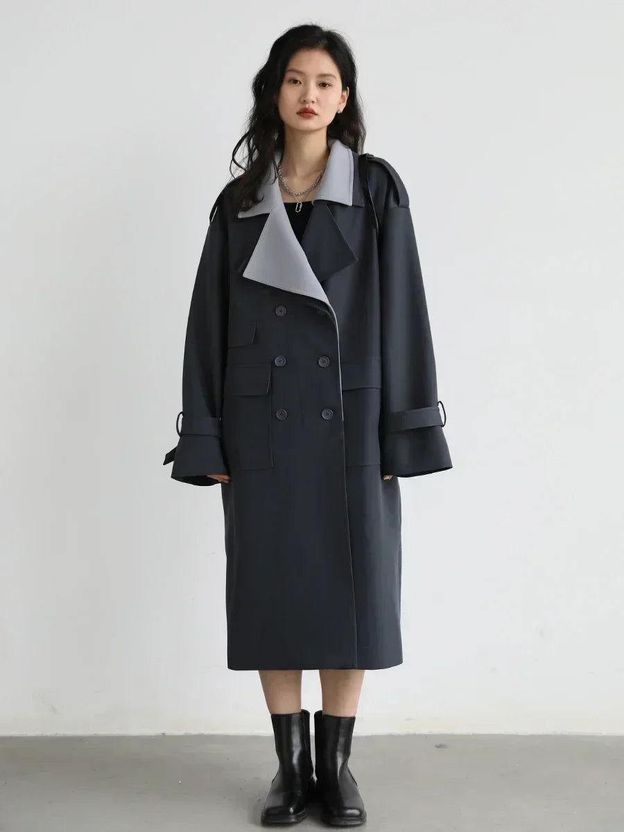 CHIC VEN Women Trench Coat Solid Loose Contrast Double Collar Double Breasted Long Female Windbreaker Office Lady Spring Autumn