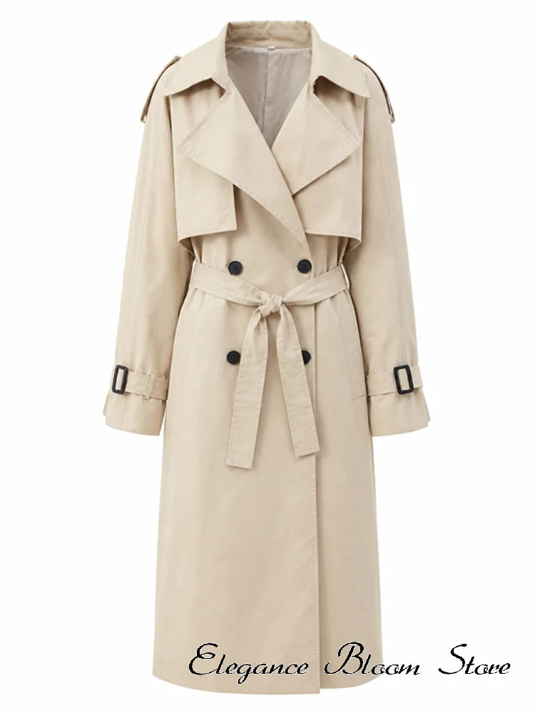 Women Casual Lace Up Long Trench Coat Chic Solid Color Full Sleeve Lapel Windbreaker 2026 Fall New Fashion Loose Commute Jackets