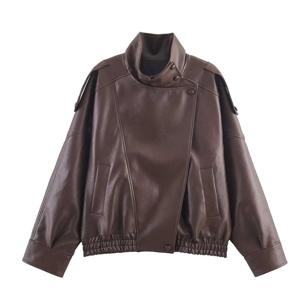 KONDALA Casual Chic Black Leather Jackets Women Long Sleeve Buttons Elastic Oversized Coats Fashion 2026 Spring Streetwear Coats