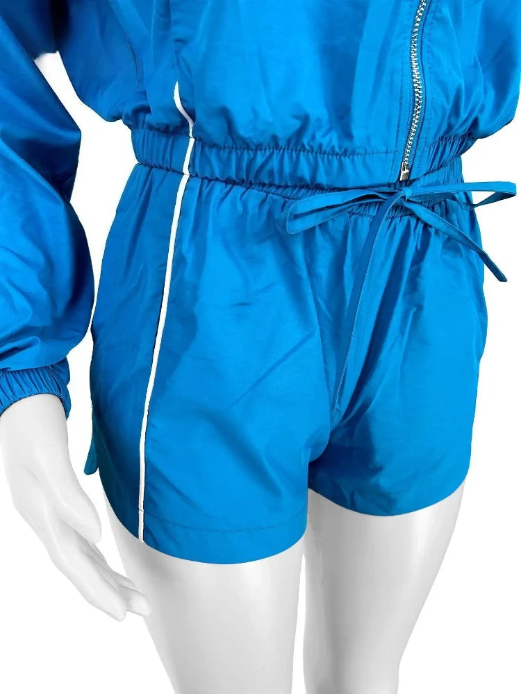 Ensemble Rayé 2 Pièces Femme – Veste Zippée & Short Cordon, Style Casual