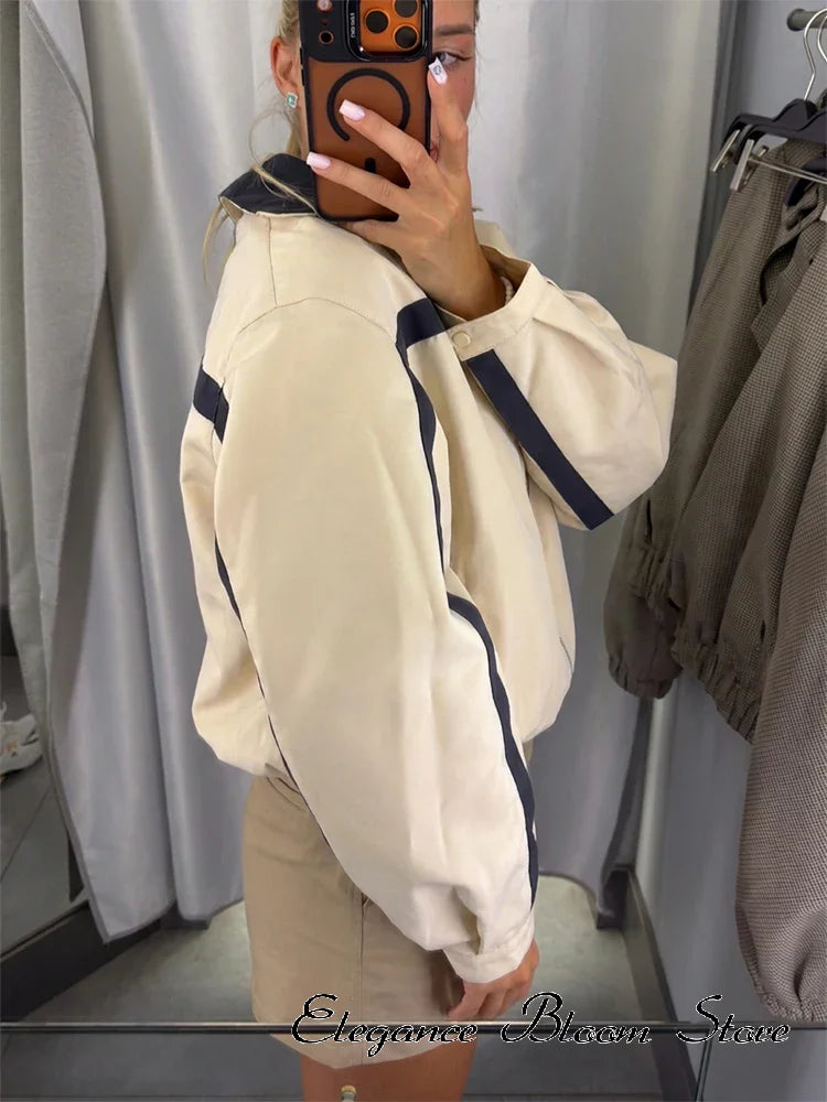 Beige Black Colorblock Zip Collar Crop Women Jacket Sporty Lapel Loose Outerwear Spring Autumn Daily Street Dating Outfit Coat
