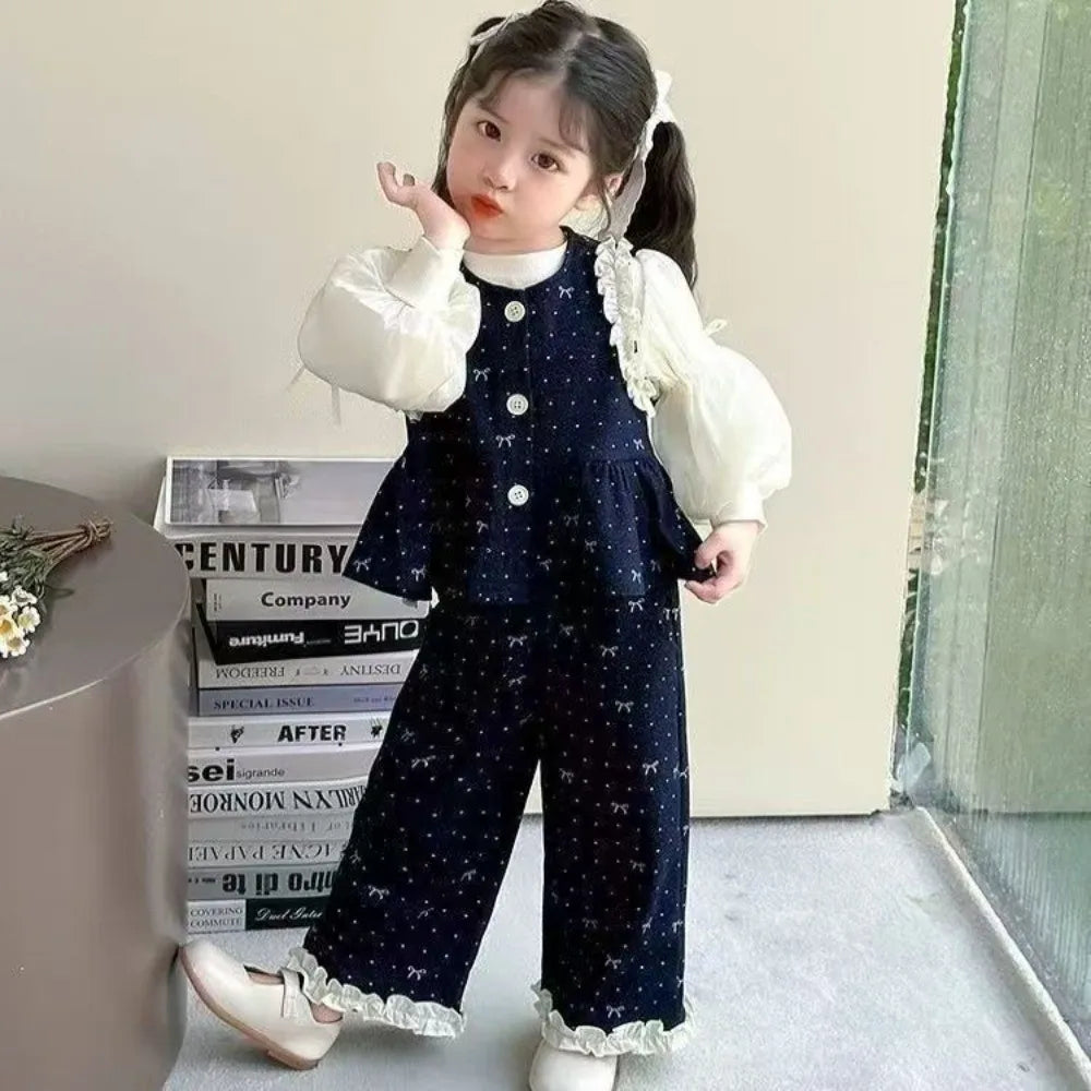 Bear Leader Children's Clothing Autumn Imitation Denim Ruffle Girls Clothes Bow Printed Vest+Long Sleeved Shirt+Pants 3 Pcs Set