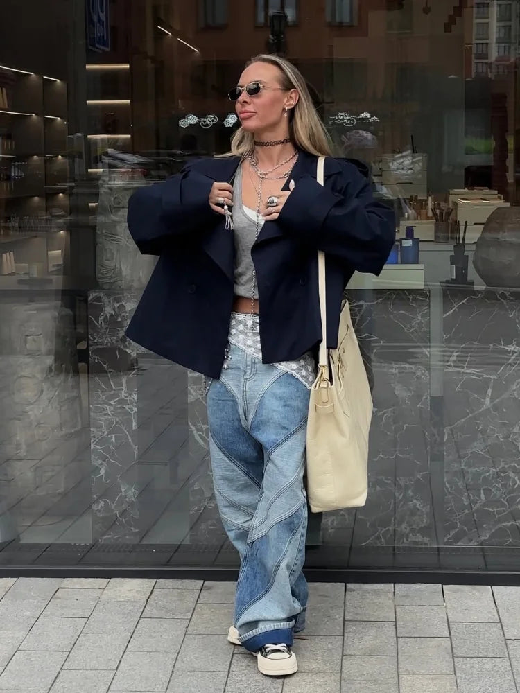 Solid Belted Waist Short Trench Coat Women Chic Wide Lapel Epaulet Detail Loose Long Sleeve Coats Fall Daily Commuter Outerwear