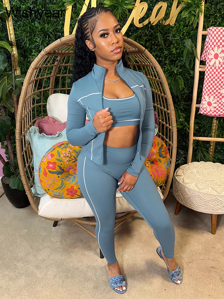 Ensemble 3 Pièces Femme Rose À Rayures – Veste, Soutien-Gorge & Legging, Style Sport Chic