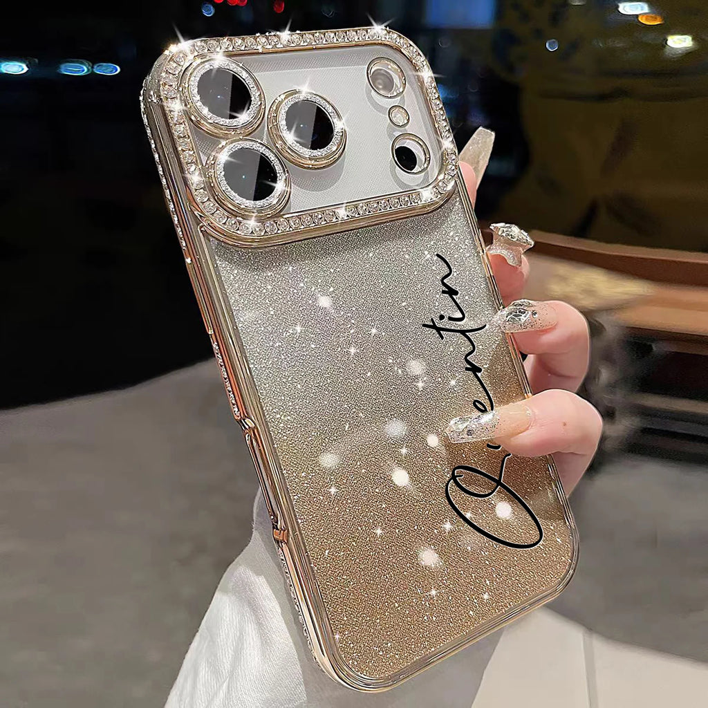 Custom Letters Name Starry Orange Flash Diamond Gradient Phone Case For iPhone 11 12 13 14 15 16 17Air 18Pro Max 14 15 16 Plus