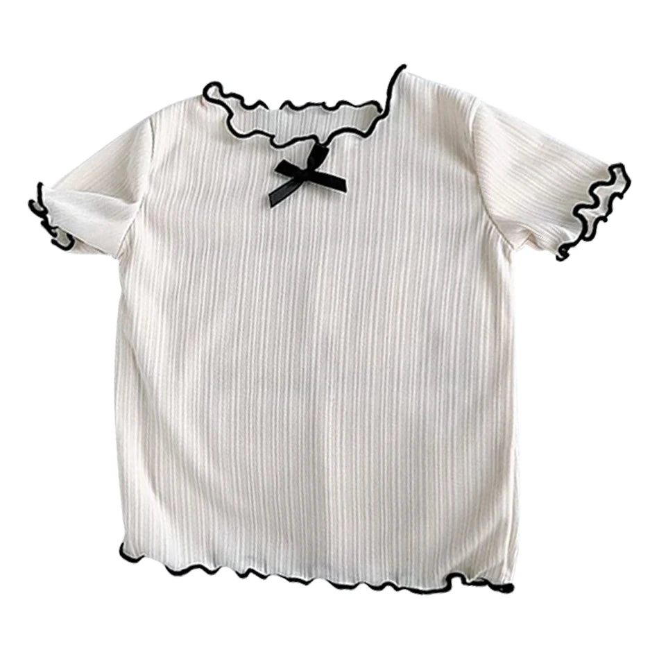 Girls' Ice Silk T-shirt Korean Style Short Sleeve Tops Children's Clothes 2025 Girl Summer Teen Kids Bow Round Neck Solid Tops