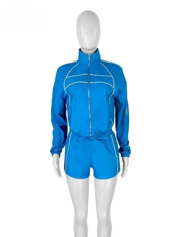 Ensemble Rayé 2 Pièces Femme – Veste Zippée & Short Cordon, Style Casual
