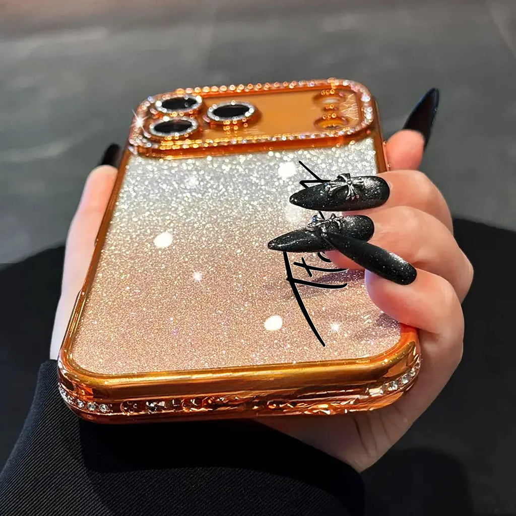Custom Letters Name Starry Orange Flash Diamond Gradient Phone Case For iPhone 11 12 13 14 15 16 17Air 18Pro Max 14 15 16 Plus