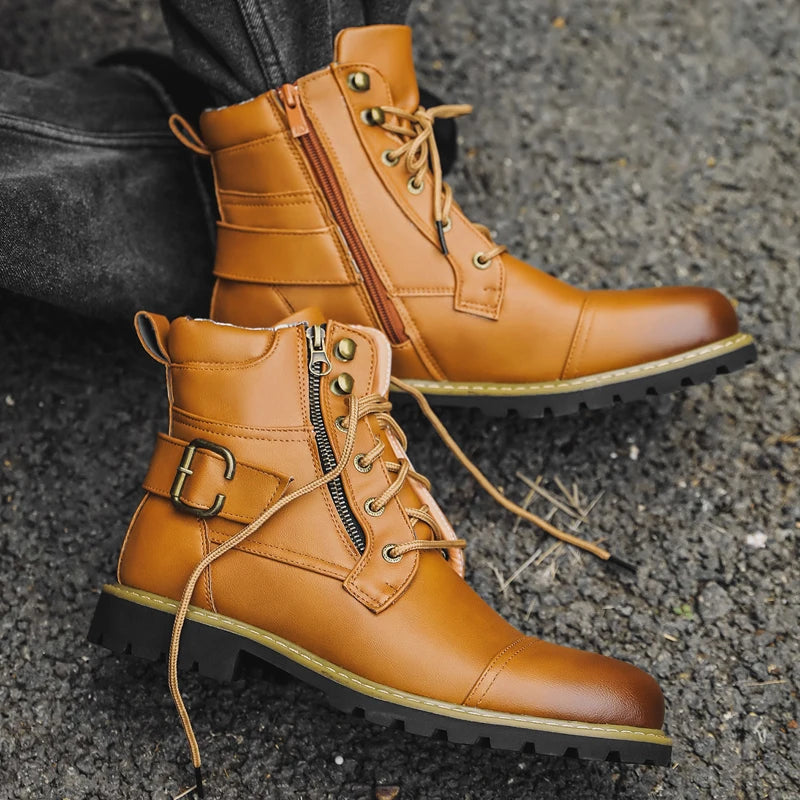 Quality Men Leather Boots Metal Double Zipper Motorcycle Boots Oxford Business Men Ankle Boots Autumn Winter Shoes Large Size 48