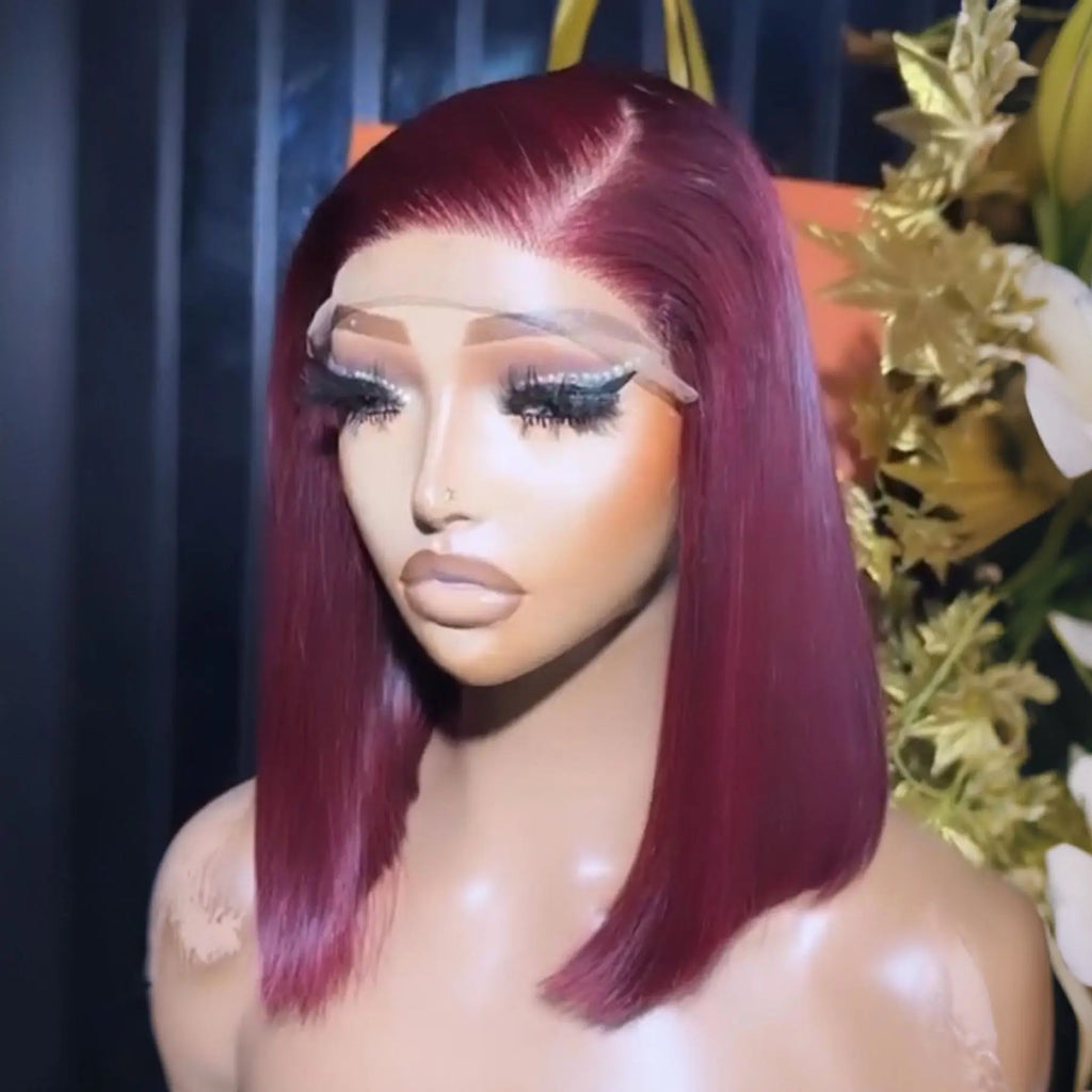 Short Bob Blunt Cut Bone Silky Straight 99J Red Burgundy Color 13X4 HD Full Lace Frontal Wig Heat Resistant Fiber Glueless Wigs