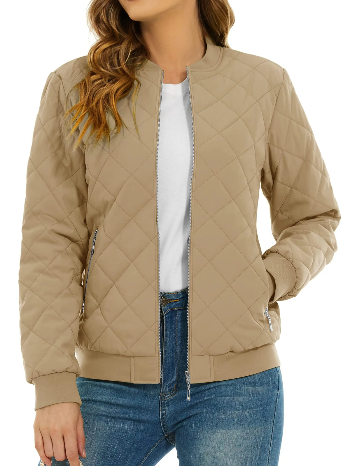 TACVASEN Padded Warm Jackets Womens Fashion Retro Pilot Jacket Diamond Quilted Coats Full Zip Up Pockets Casual Outwear