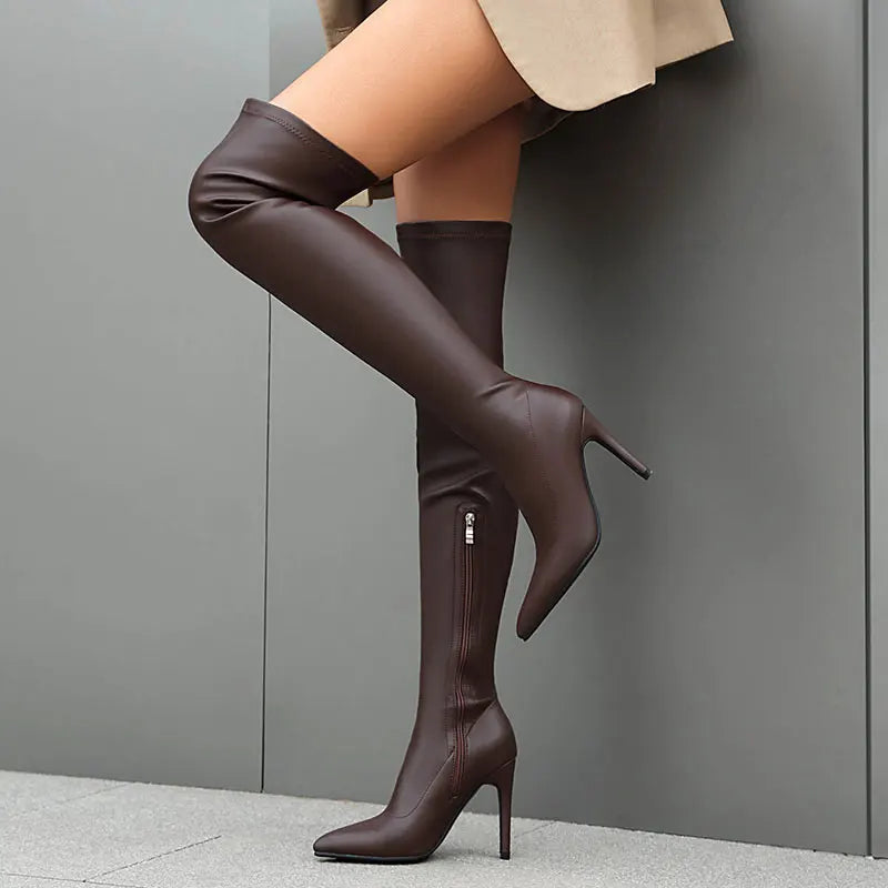SGESVIER Elastic Women's Over the Knee High Boots Sexy Long Thigh High Boot Ladies Winter Shoes Black Gold Heeled Party Shoes