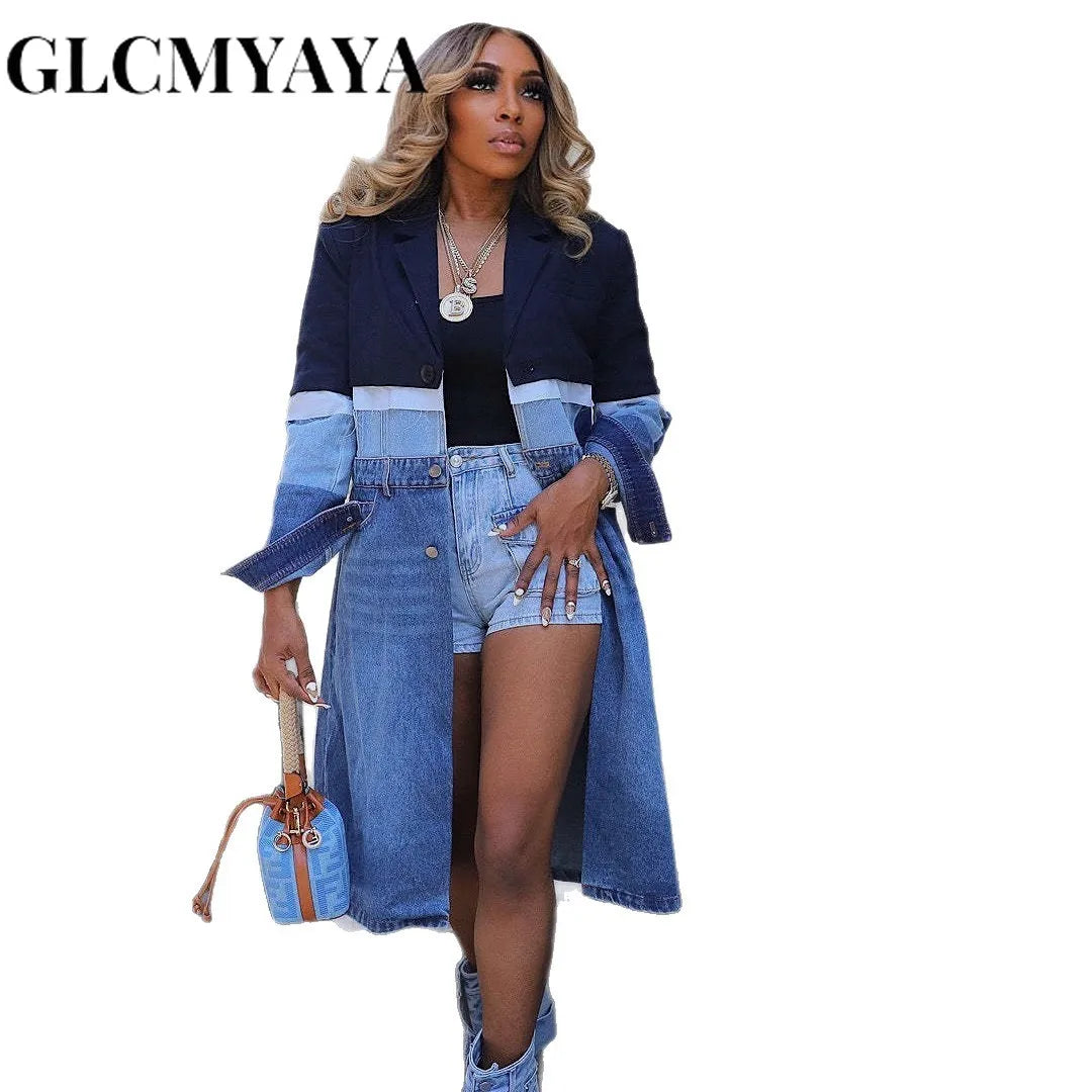 CM.YAYA Women’s Coats Denim Patchwork Long Sleeve 2025 Fall Winter Notched Neck Trench Coat Street Wear Fashion Blazers