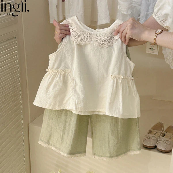 6142 Children Suit 2025 Summer Hot Sale Girl's Two Piece Suit Lace Collar Vest +Pants Casual Set 80-130CM