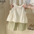 6142 Children Suit 2025 Summer Hot Sale Girl's Two Piece Suit Lace Collar Vest +Pants Casual Set 80-130CM
