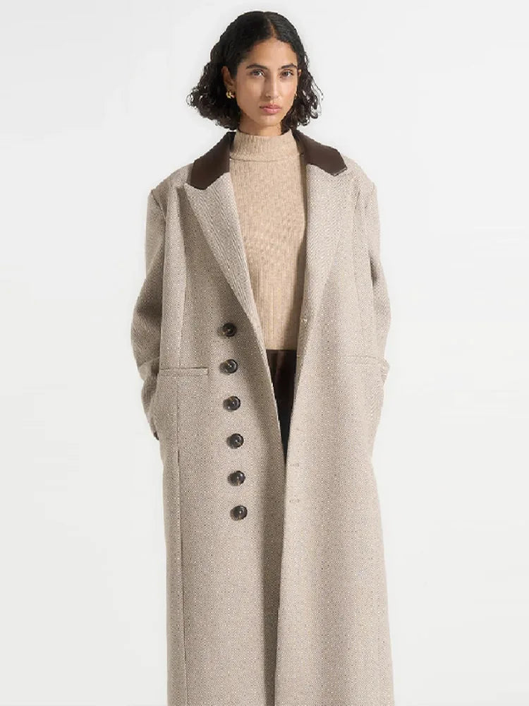 Fashion Waist Cinching Woolen Long Coat For Women Lapel Long Sleeve Single-breasted Coat With Belt New Lady Commuter Outwears