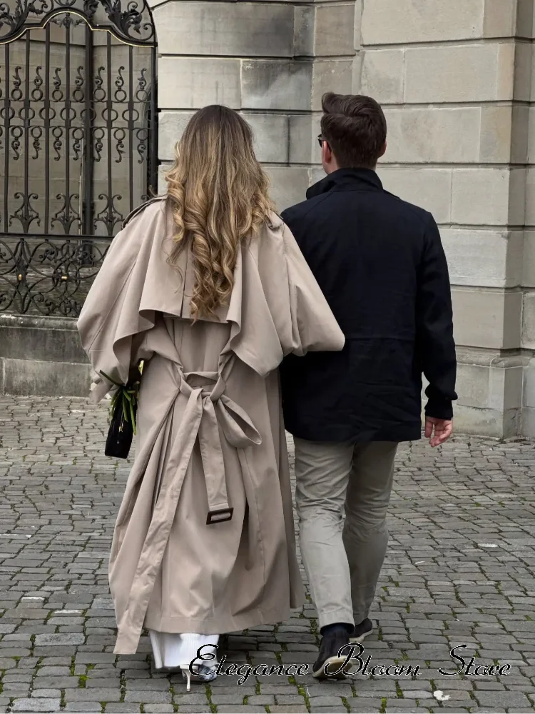 Women Casual Lace Up Long Trench Coat Chic Solid Color Full Sleeve Lapel Windbreaker 2026 Fall New Fashion Loose Commute Jackets