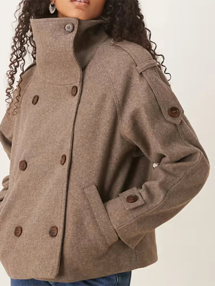 Elegant Solid Woolen Coats Women Solid Full Sleeve Double Breasted Loose Stand Collar Jackets Female 2026 Spring Lady Outwears