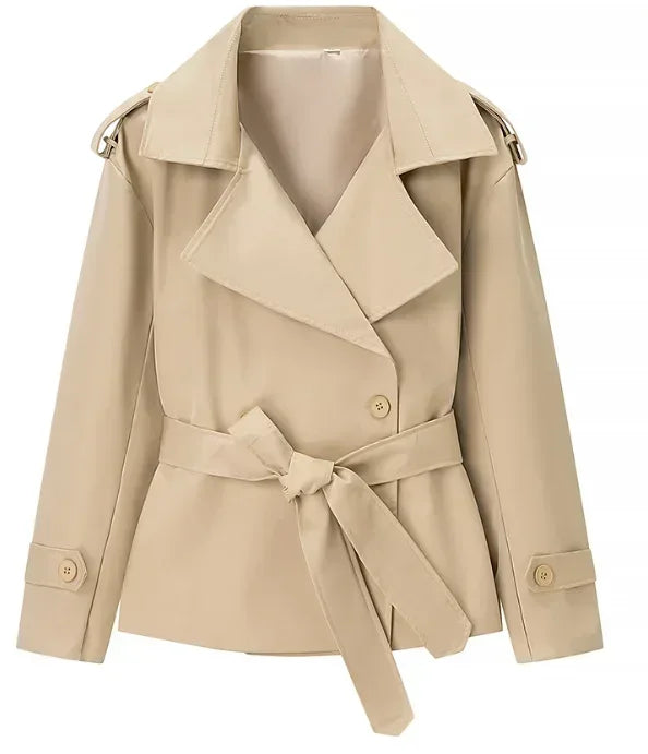 Women's Solid Cropped Trench Coat Elegant Lapel Collar Long Sleeve Belted Wrap Jackets Casual Streetwear 2026 Spring Fall Wear