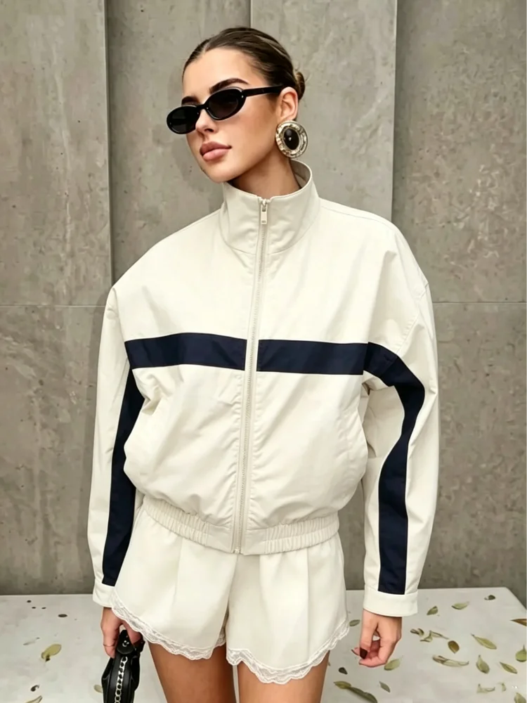 Beige Black Colorblock Zip Collar Crop Women Jacket Sporty Lapel Loose Outerwear Spring Autumn Daily Street Dating Outfit Coat