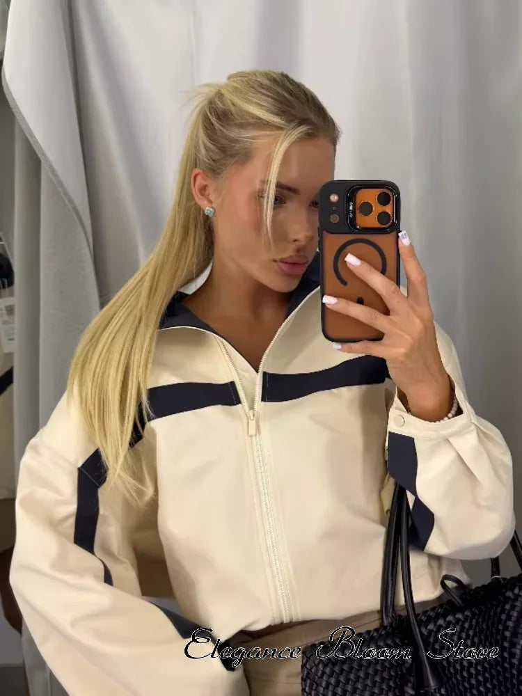 Beige Black Colorblock Zip Collar Crop Women Jacket Sporty Lapel Loose Outerwear Spring Autumn Daily Street Dating Outfit Coat