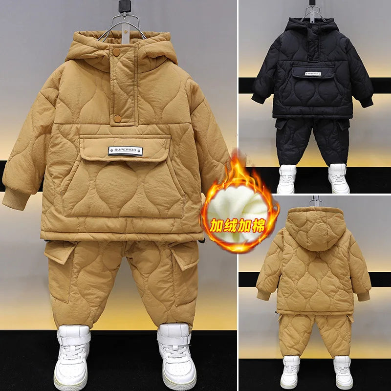 Winter Children Clothes Sets Kids Boys Girls Hooded Warm Cotton Velvet Pullover Coats Outerwear+Pants 2Pcs Snowsuits New1-8Y