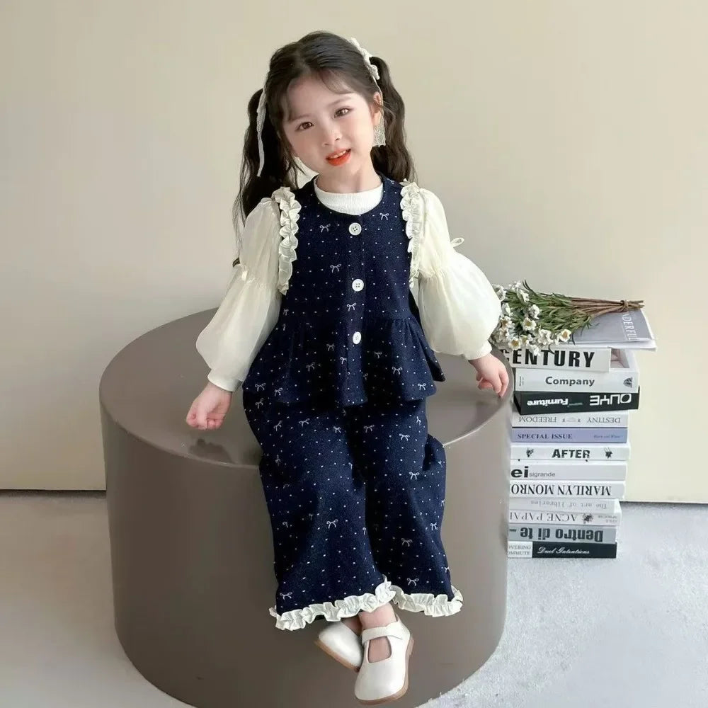 Bear Leader Children's Clothing Autumn Imitation Denim Ruffle Girls Clothes Bow Printed Vest+Long Sleeved Shirt+Pants 3 Pcs Set
