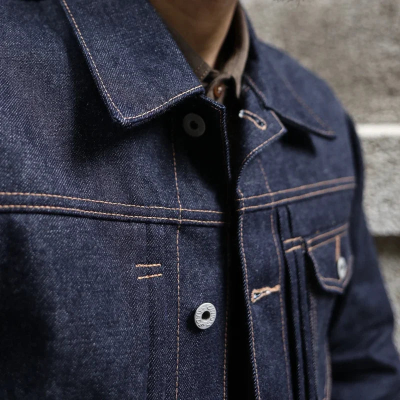 Veste en Jean Selvedge Homme – Denim Indigo 18 Oz, Coupe Régulière, Style Vintage Motard