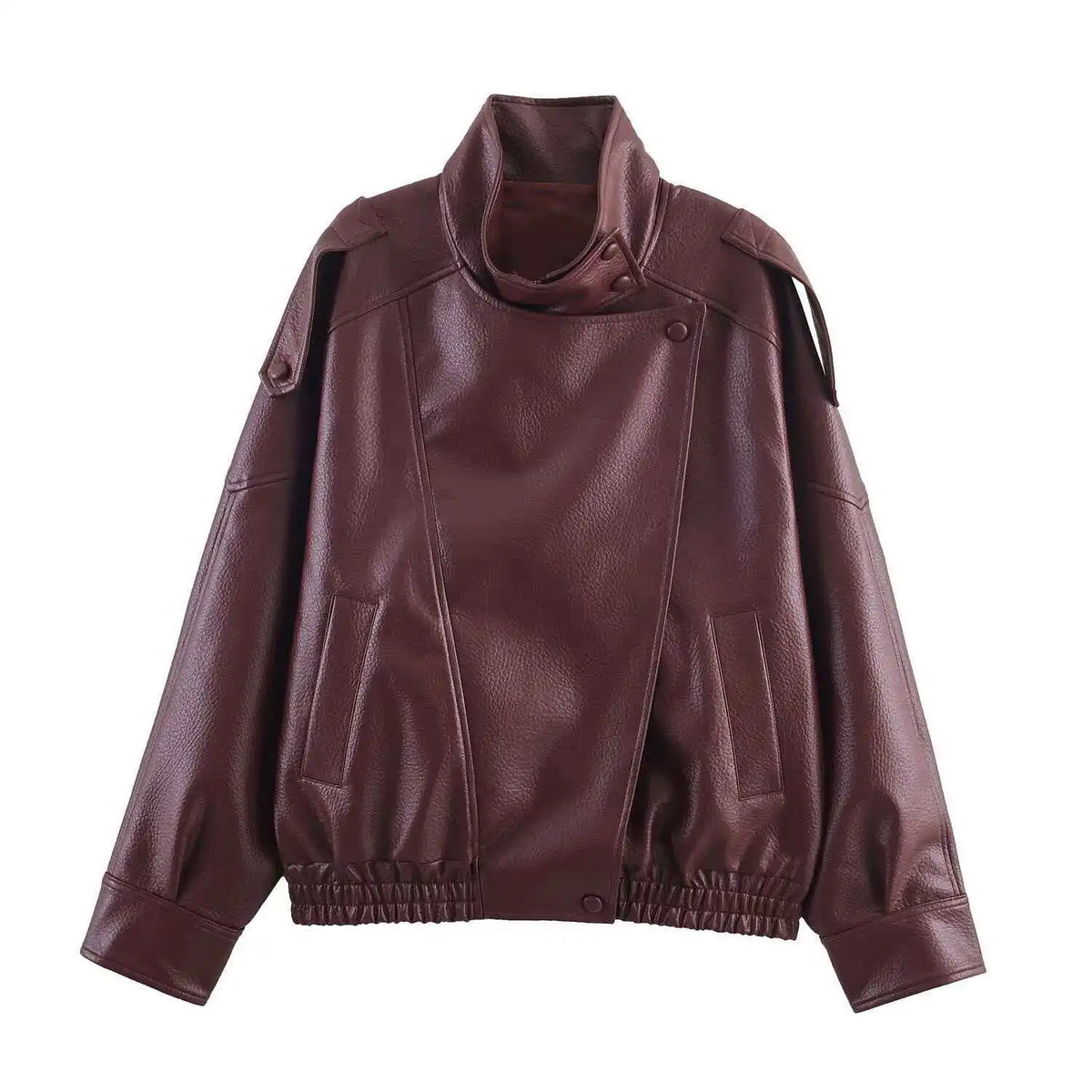 KONDALA Casual Chic Black Leather Jackets Women Long Sleeve Buttons Elastic Oversized Coats Fashion 2026 Spring Streetwear Coats