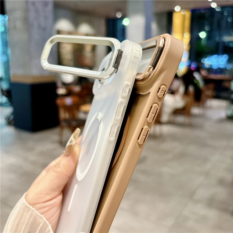 Metal Lens Stand Magnetic Phone Case For Magsafe Wireless iPhone 17 Air 16E 16 15 14 13 12 Mini 11 Pro Max Plus Shockproof Cover