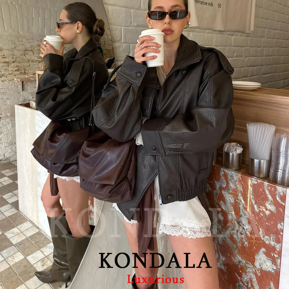 KONDALA Casual Chic Black Leather Jackets Women Long Sleeve Buttons Elastic Oversized Coats Fashion 2026 Spring Streetwear Coats