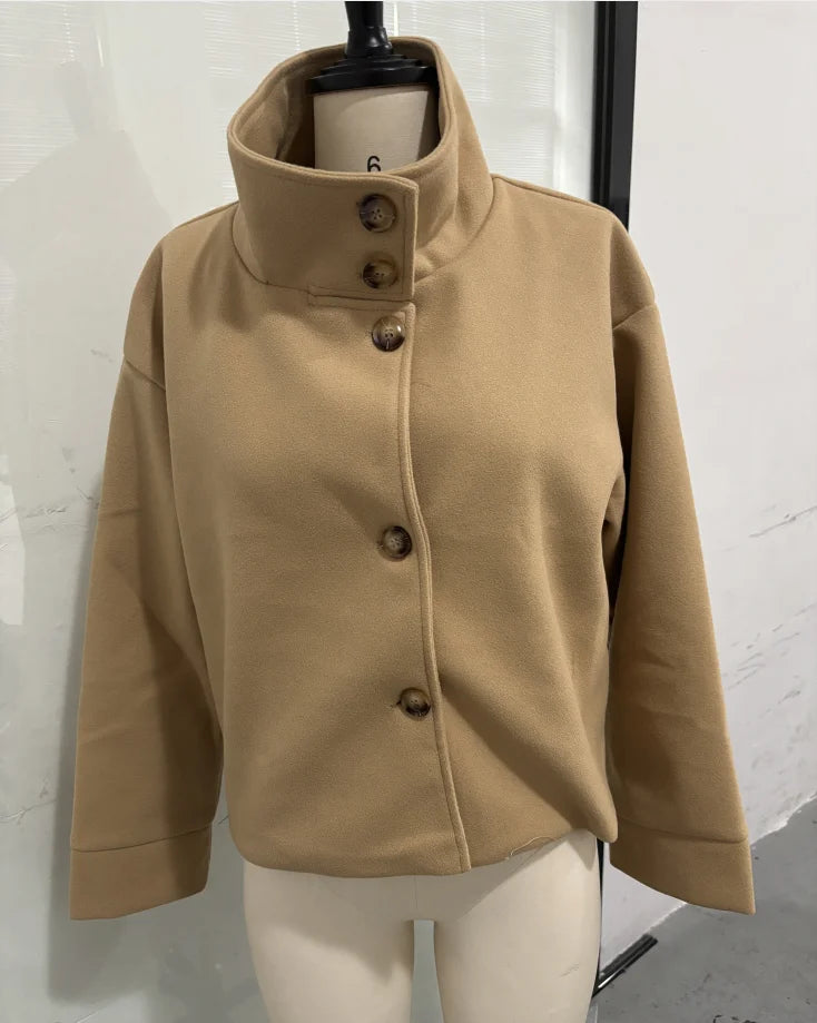 Elegant Solid Woolen Coats Women Solid Full Sleeve Double Breasted Loose Stand Collar Jackets Female 2026 Spring Lady Outwears