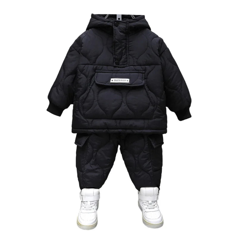 Winter Children Clothes Sets Kids Boys Girls Hooded Warm Cotton Velvet Pullover Coats Outerwear+Pants 2Pcs Snowsuits New1-8Y
