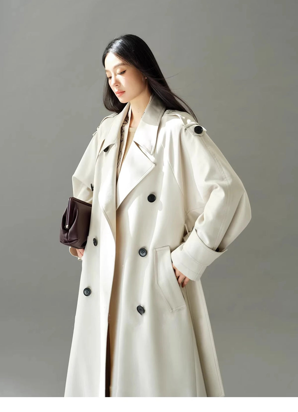 Lautaro Spring Autumn Oversized Khaki Long Grey Trench Coat for Women Double Breasted Loose Casual Korean Fashion Overcoat 2024