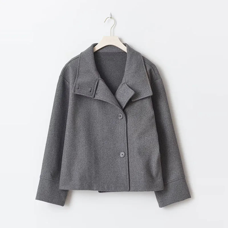 Elegant Solid Woolen Coats Women Solid Full Sleeve Double Breasted Loose Stand Collar Jackets Female 2026 Spring Lady Outwears