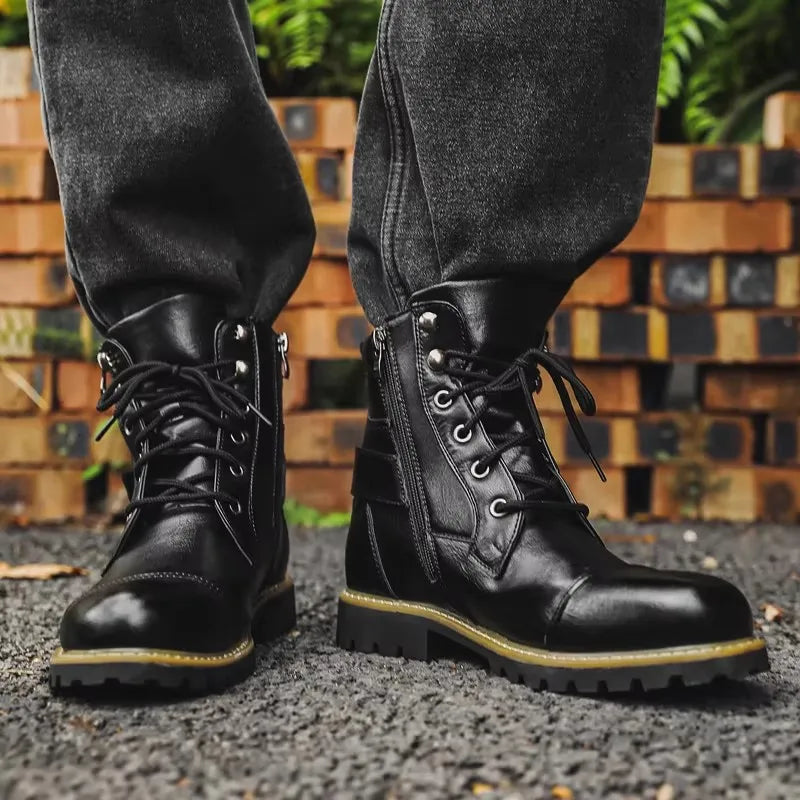 Quality Men Leather Boots Metal Double Zipper Motorcycle Boots Oxford Business Men Ankle Boots Autumn Winter Shoes Large Size 48