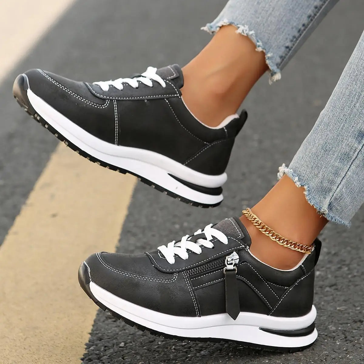 Spring Brown Leather Platform Sneakers Women Comfortable Lace Up Thick Sole Sports Shoes Woman Casual Slip On Vulcanize Shoes