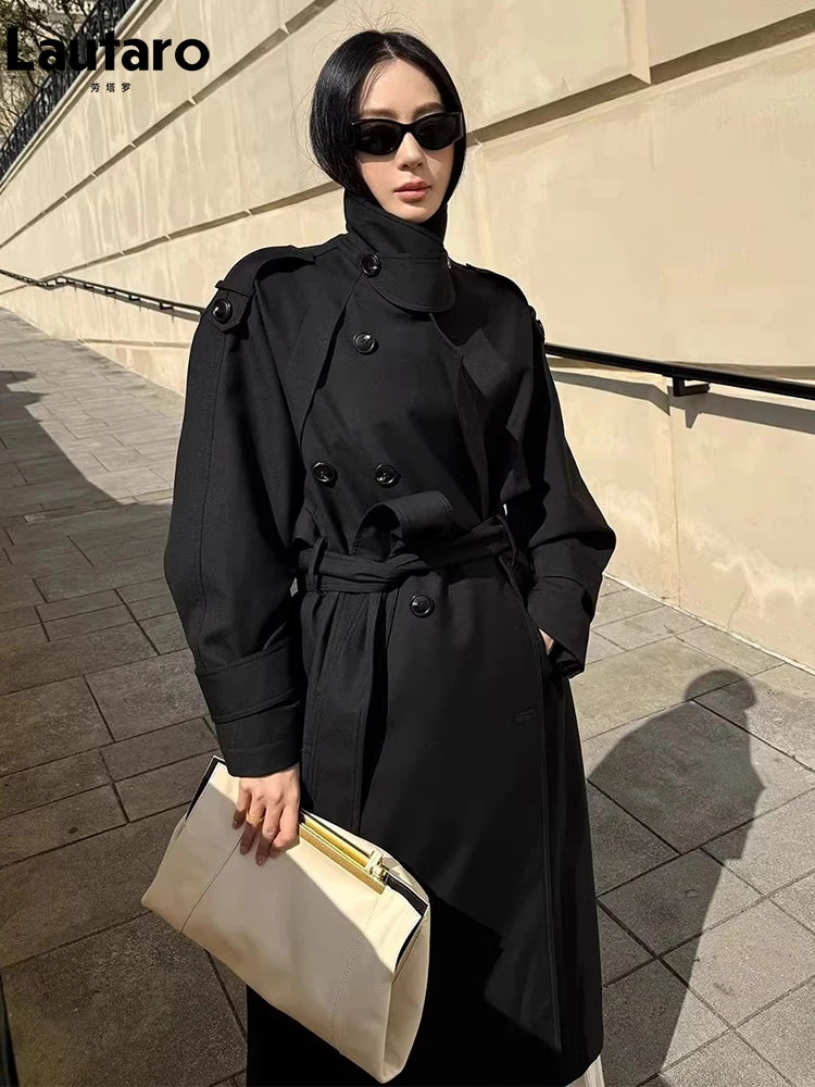 Lautaro Spring Autumn Oversized Khaki Long Grey Trench Coat for Women Double Breasted Loose Casual Korean Fashion Overcoat 2024