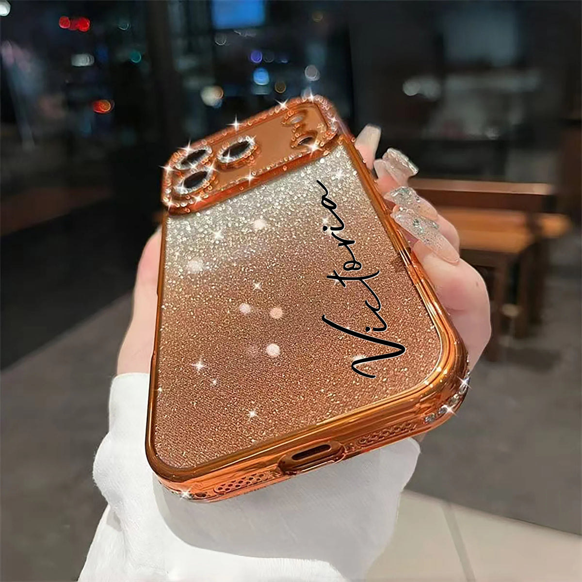 Custom Letters Name Starry Orange Flash Diamond Gradient Phone Case For iPhone 11 12 13 14 15 16 17Air 18Pro Max 14 15 16 Plus