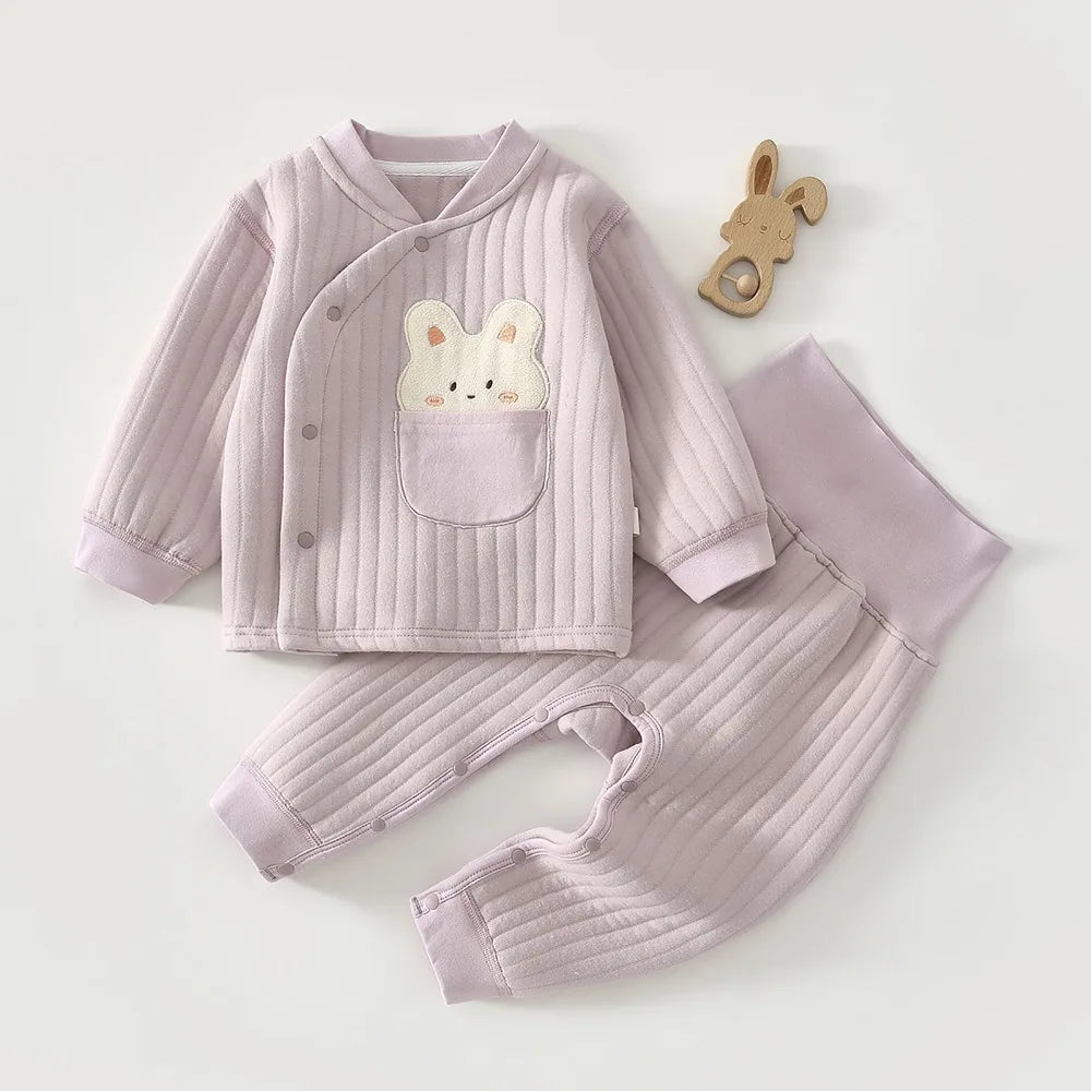 Autumn/winter Split 2-piece Set Baby Cotton Clip Thick High Waisted Pants Long Sleeved Set 0-3 Year Old Cartoon Pattern Baby Set
