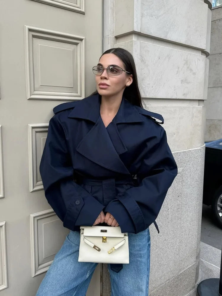 Solid Belted Waist Short Trench Coat Women Chic Wide Lapel Epaulet Detail Loose Long Sleeve Coats Fall Daily Commuter Outerwear