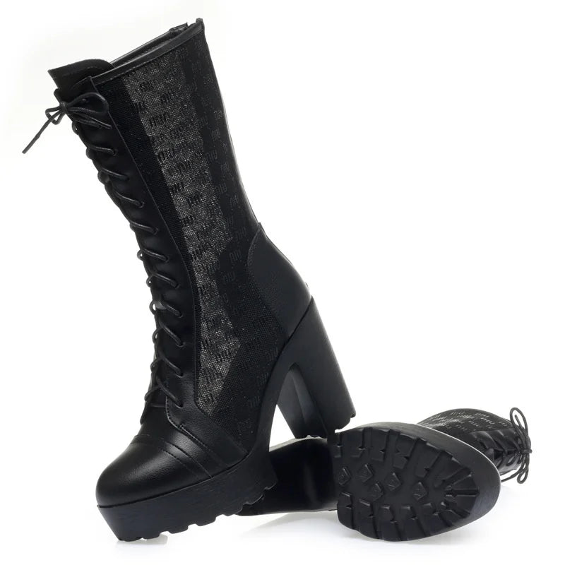 Women Mesh Fashion Black High Heel Platform Boots Spring Summer Modern Comfortable Soft Leather Thick Sole Mid Calf Boots