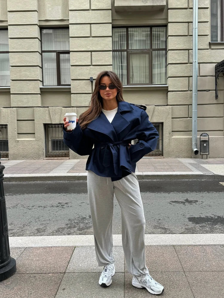Women's Solid Cropped Trench Coat Elegant Lapel Collar Long Sleeve Belted Wrap Jackets Casual Streetwear 2026 Spring Fall Wear