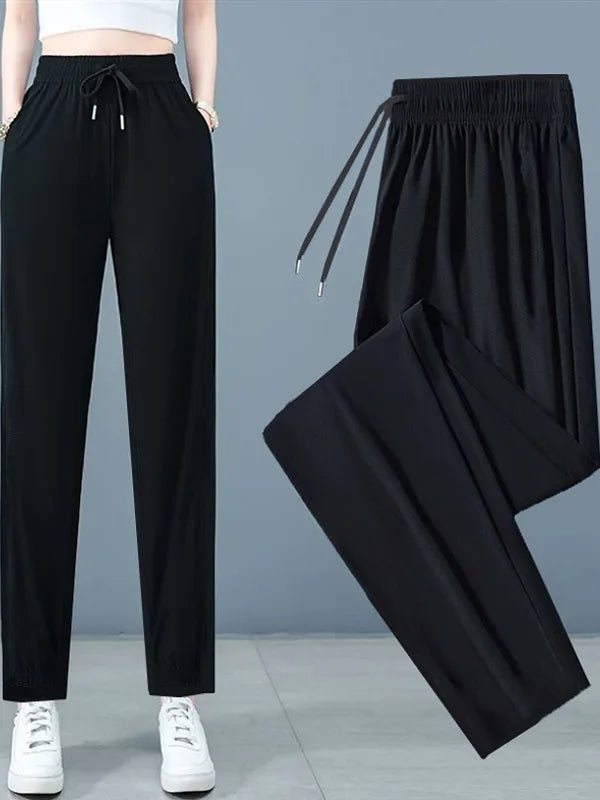 Pantalon de Sport Femme en Soie Glacée – Taille Haute, Jambes Droites, Séchage Rapide