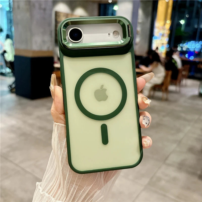 Metal Lens Stand Magnetic Phone Case For Magsafe Wireless iPhone 17 Air 16E 16 15 14 13 12 Mini 11 Pro Max Plus Shockproof Cover