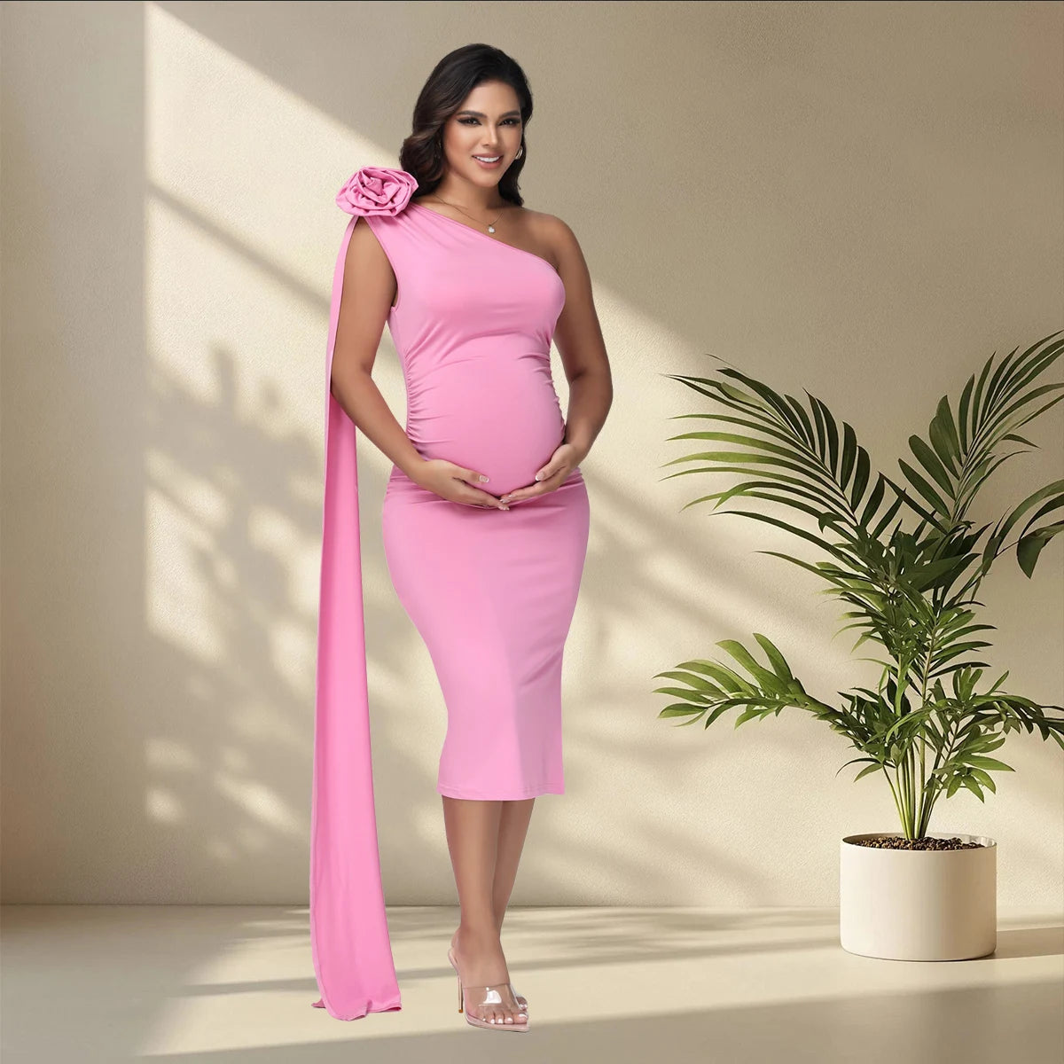Maternity One Shoulder 3D Floral Floating Sleeve Bodycon Summer Midi Dress for Baby Shower Photoshoot