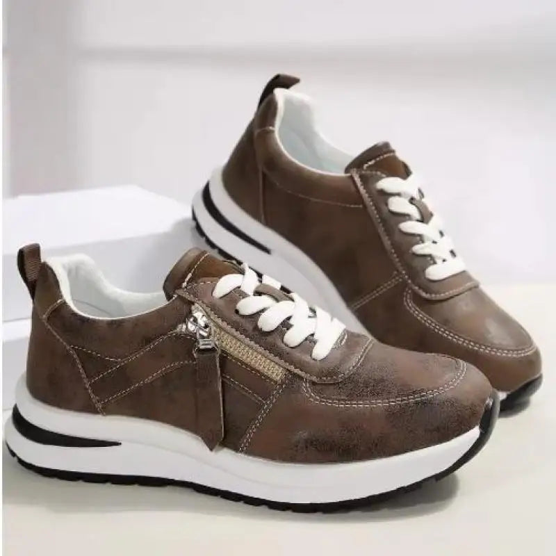 Spring Brown Leather Platform Sneakers Women Comfortable Lace Up Thick Sole Sports Shoes Woman Casual Slip On Vulcanize Shoes