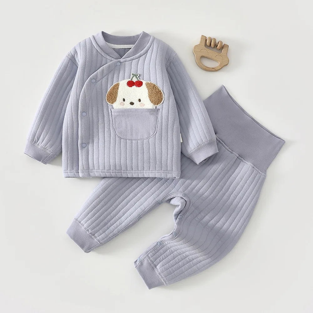 Autumn/winter Split 2-piece Set Baby Cotton Clip Thick High Waisted Pants Long Sleeved Set 0-3 Year Old Cartoon Pattern Baby Set